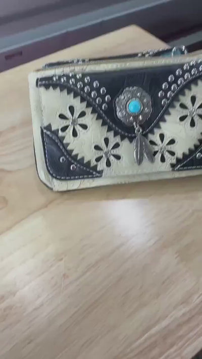 Western Floral Embossed Crossbody Bag: Faux Leather Cowgirl Purse with Turquoise Concho