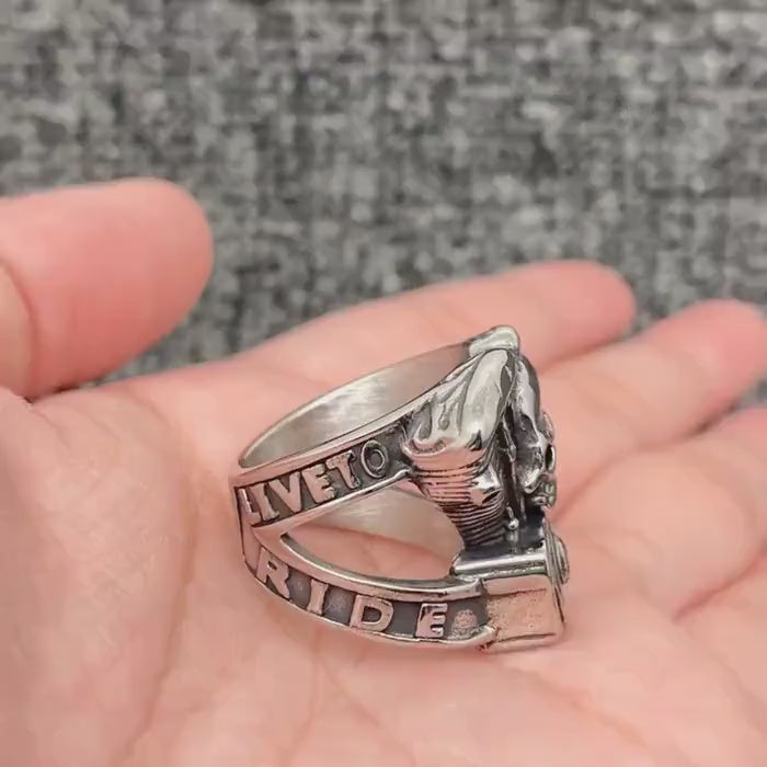 Stainless Steel Motorcycle Skull Ring, Men’s Biker Ring with Engine Detail