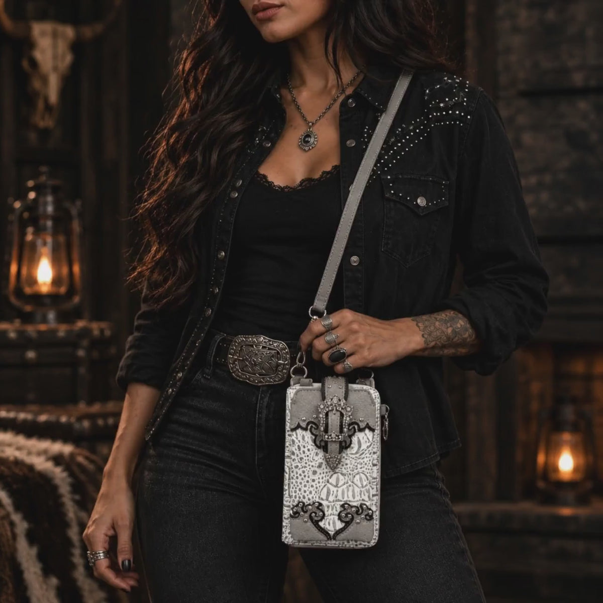 White and Gray Western Croc/Alligator Skin Style Phone Crossbody Wallet