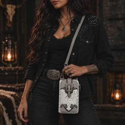 White and Gray Western Croc/Alligator Skin Style Phone Crossbody Wallet