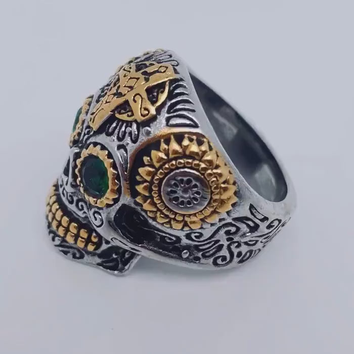 Mens Sugar Skull Ring with Green Stone, Chunky Biker Skull Ring for Motorcycle Style