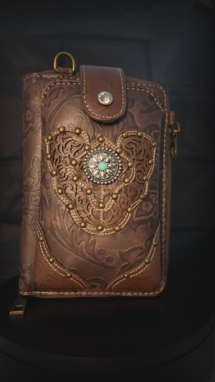 Brown Tooled Leather Crossbody Bag with Turquoise Stone Accent