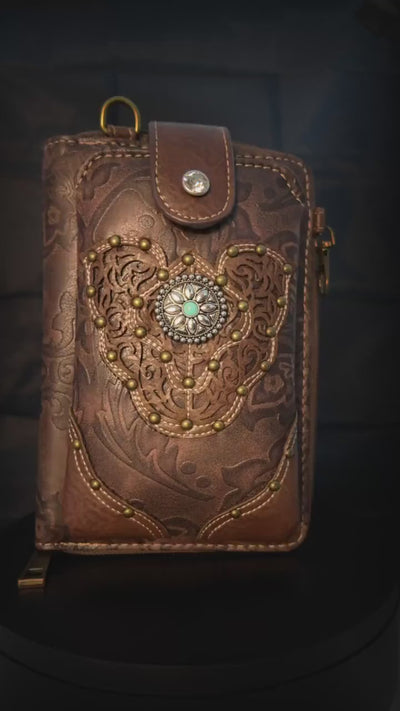 Brown Tooled Leather Crossbody Bag with Turquoise Stone Accent