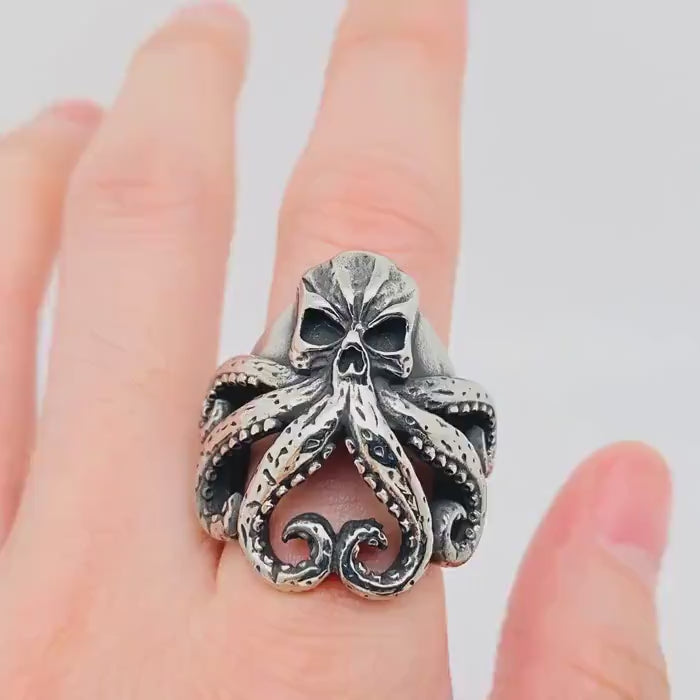 Stainless Steel Kraken Skull Ring, Gothic Octopus Biker Ring for Men