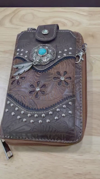 Matching Western Purse & Wallet Set: Tooled Faux Leather Crossbody with Turquoise Concho