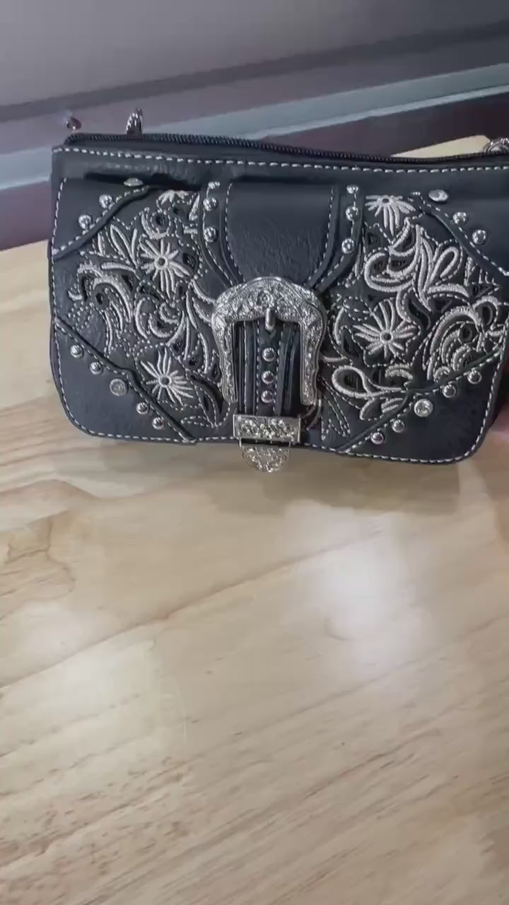 Black Western Crossbody Bag, Embroidered Cowgirl Purse with Silver Buckle, Small Rodeo Concert Bag