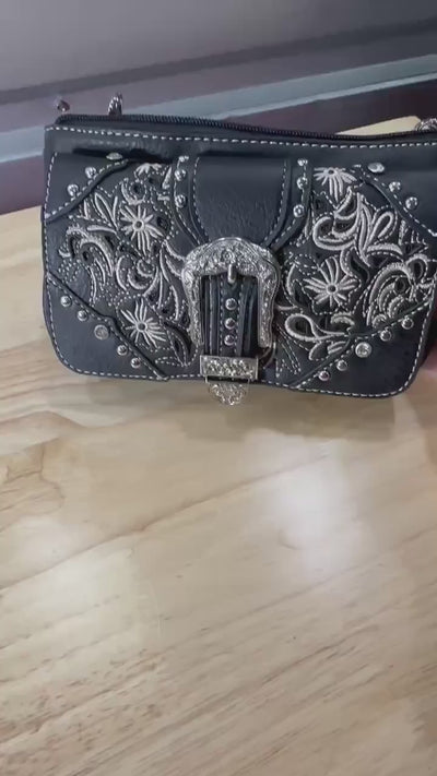 Black Western Crossbody Bag, Embroidered Cowgirl Purse with Silver Buckle, Small Rodeo Concert Bag