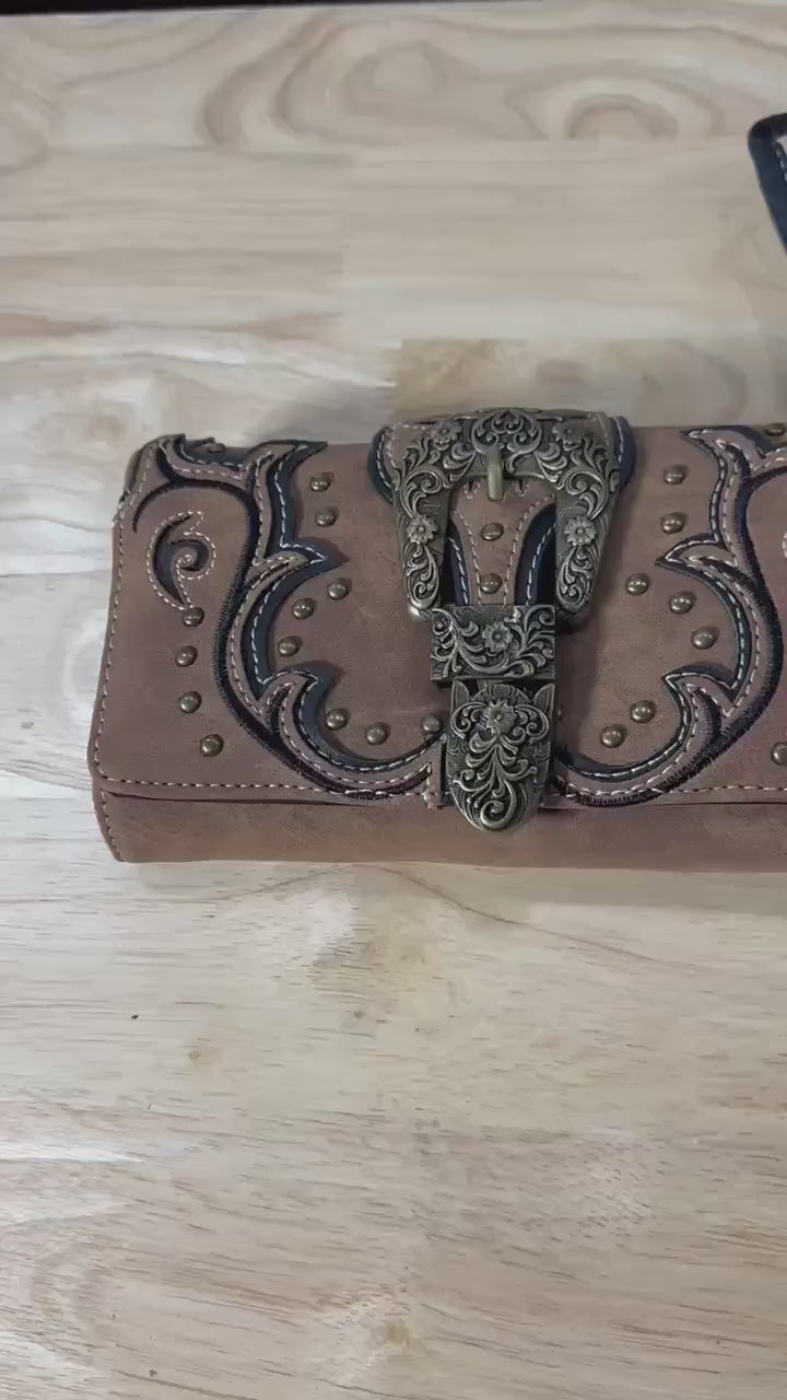 Tooled Leather Buckle Crossbody Wallet: Western Trifold Purse for Phone and Cards