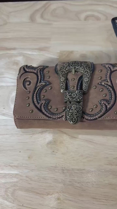 Tooled Leather Buckle Crossbody Wallet: Western Trifold Purse for Phone and Cards