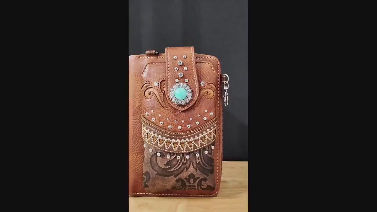 Brown Western Phone Crossbody Bag with Turquoise Accent