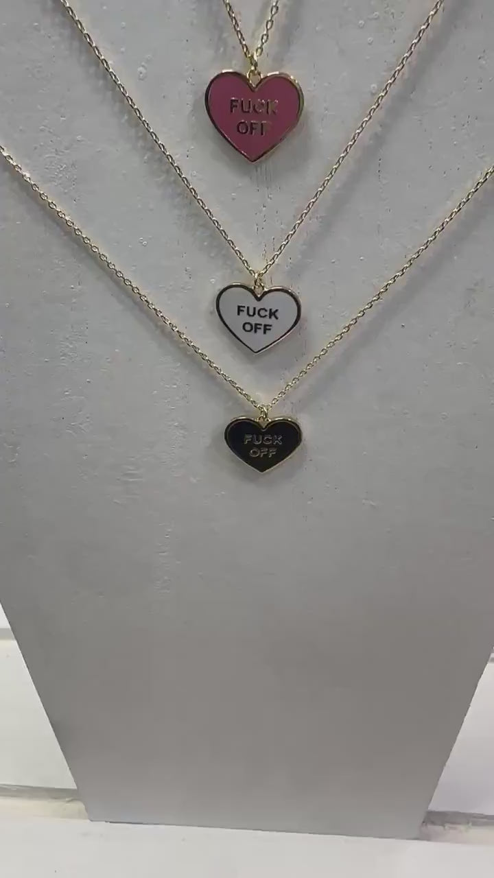 Fuck Off Heart Necklace, Edgy Brass Charm Necklace with 16 Inch Chain