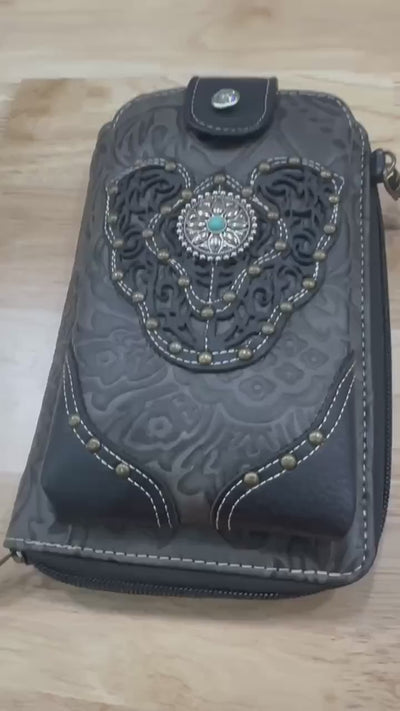 Tooled Black Leather Crossbody Bag: Western Style, Card Slots