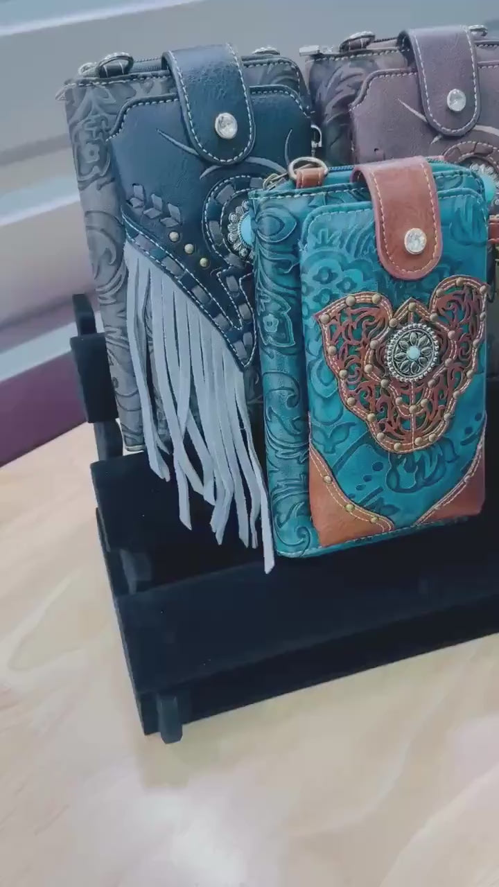 Western Tooled Leather Crossbody Wallet with Fringe and Turquoise Detail