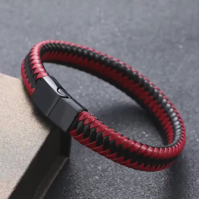 Braided Leather Bracelet for Men, Biker Style Genuine Leather Wristband with Steel Clasp