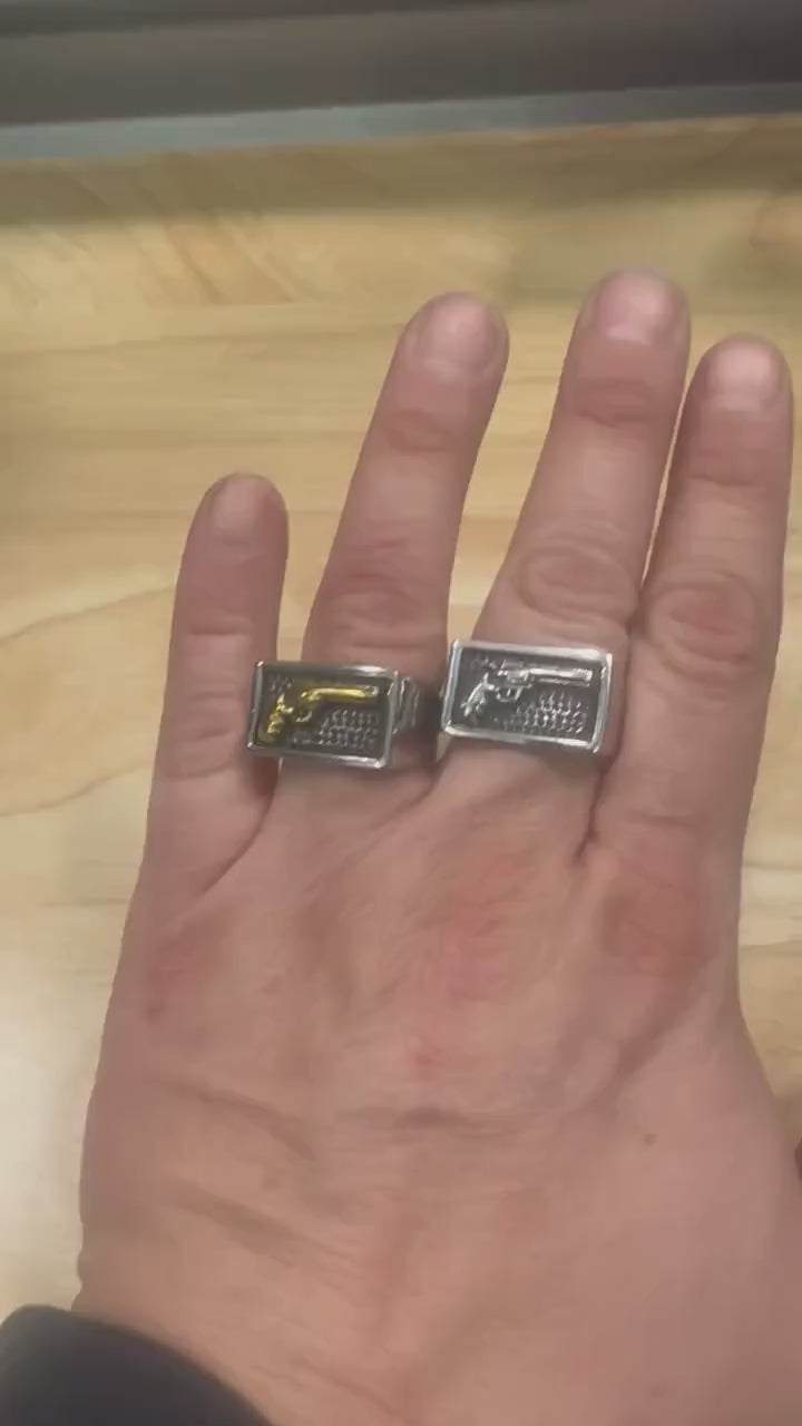 Men’s Biker Revolver Ring: Stainless Steel Gold or Silver Gun Design